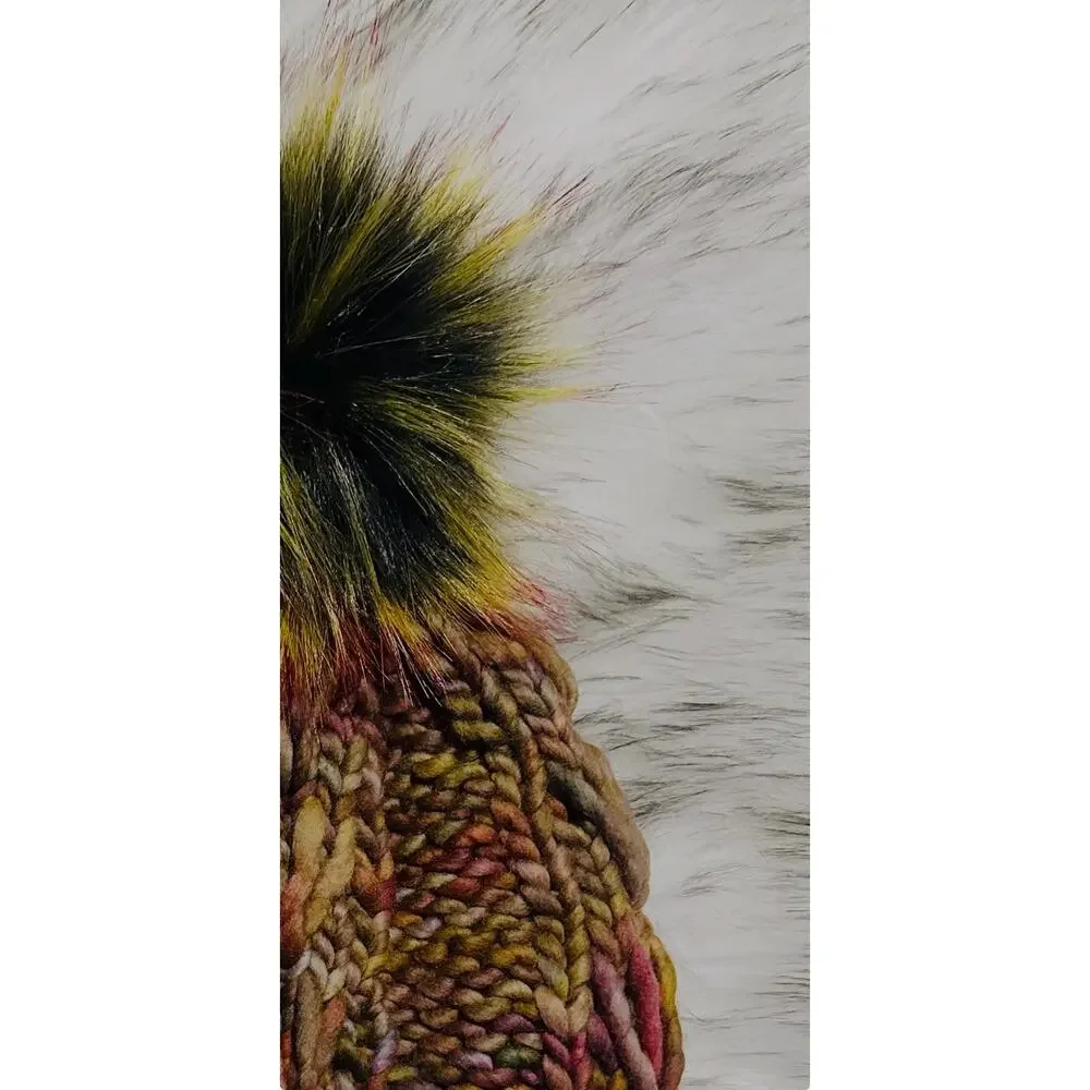 Hand Knit Merino Wool Scrappy Lake Erie Beanie: Faux Fur Pom - Adult Size
